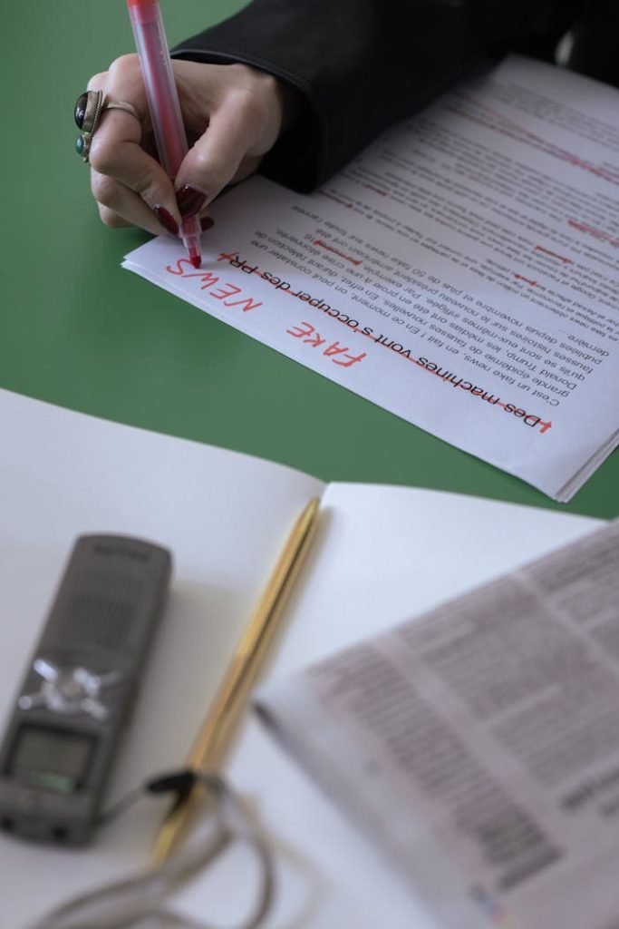 A person highlights fake news on a document with a red pen, emphasizing media literacy.